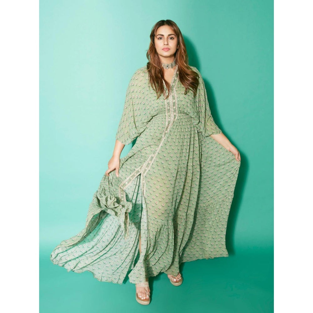Paulmi & Harsh Pista Green Butti Printed Embroidered Kaftan (Set of 2)