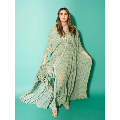 Paulmi & Harsh Pista Green Butti Printed Embroidered Kaftan (Set of 2)