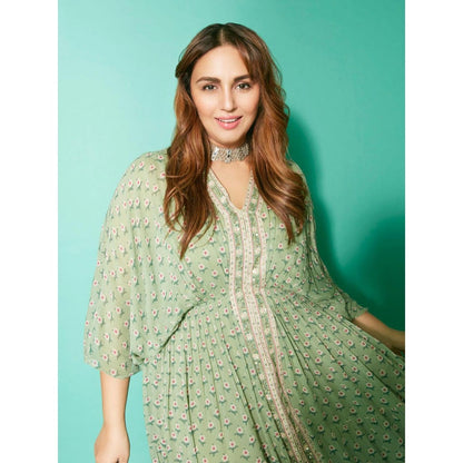 Paulmi & Harsh Pista Green Butti Printed Embroidered Kaftan (Set of 2)