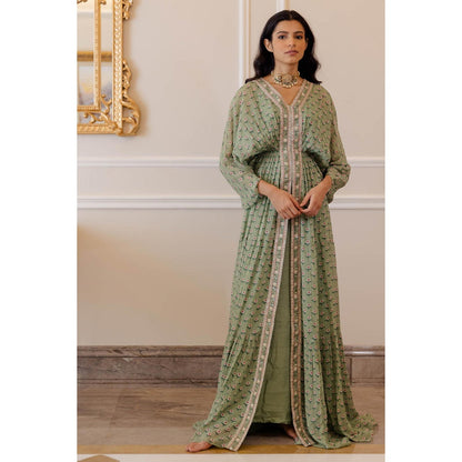 Paulmi & Harsh Pista Green Butti Printed Embroidered Kaftan (Set of 2)