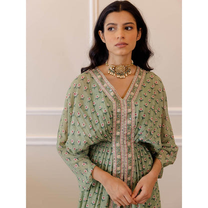 Paulmi & Harsh Pista Green Butti Printed Embroidered Kaftan (Set of 2)