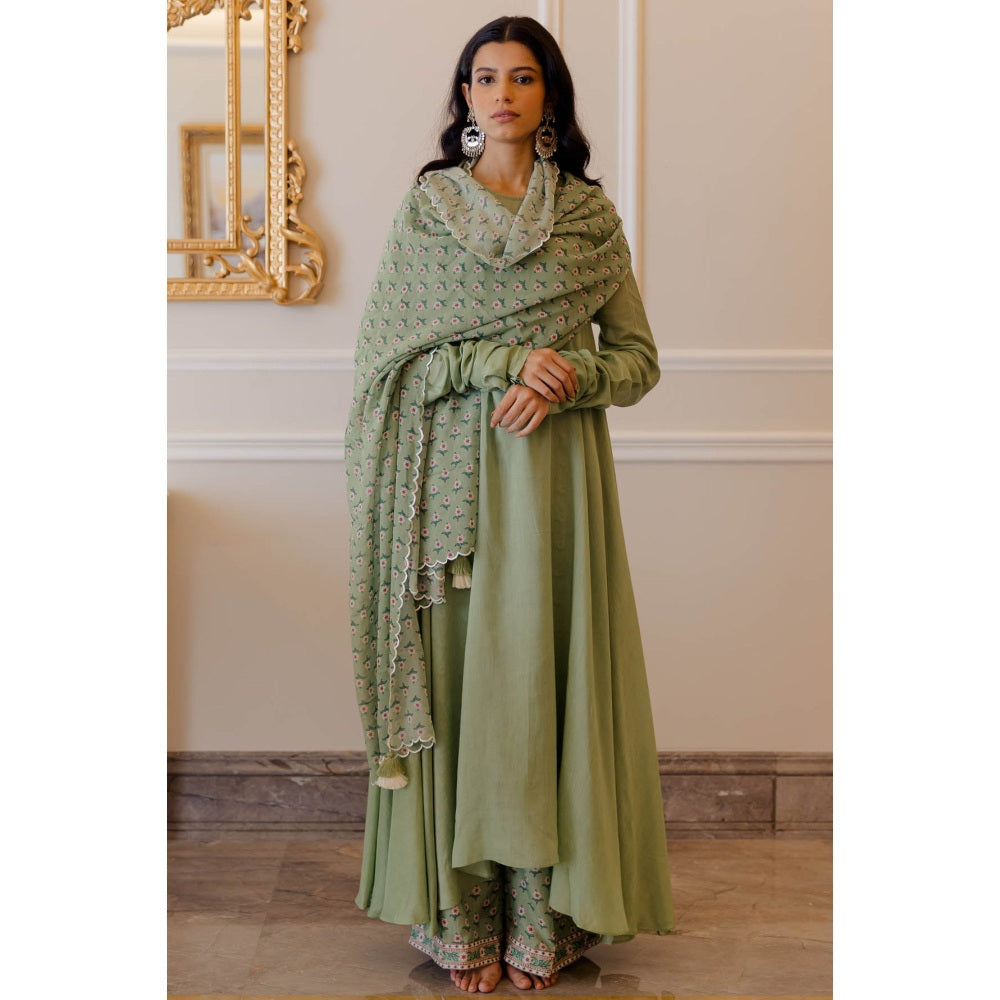 Paulmi & Harsh Pista Green Mul Chudi Sleeved Anarkali (Set of 3)