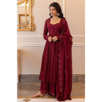 Paulmi & Harsh Wine Cutwork Embroidered Anarkali (Set of 3)