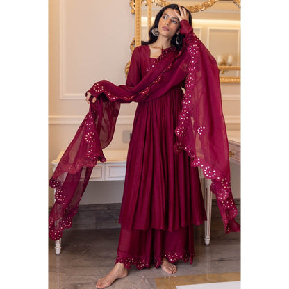 Paulmi & Harsh Wine Cutwork Embroidered Anarkali (Set of 3)