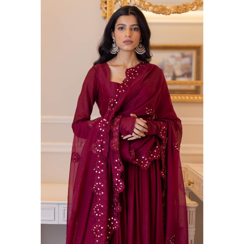 Paulmi & Harsh Wine Cutwork Embroidered Anarkali (Set of 3)