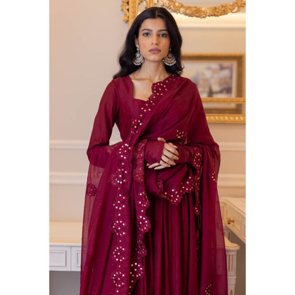 Paulmi & Harsh Wine Cutwork Embroidered Anarkali (Set of 3)