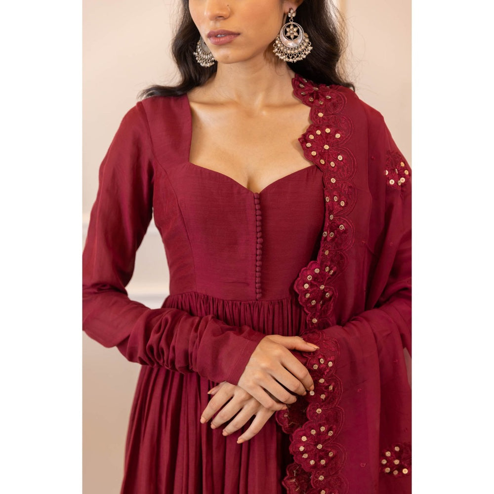 Paulmi & Harsh Wine Cutwork Embroidered Anarkali (Set of 3)