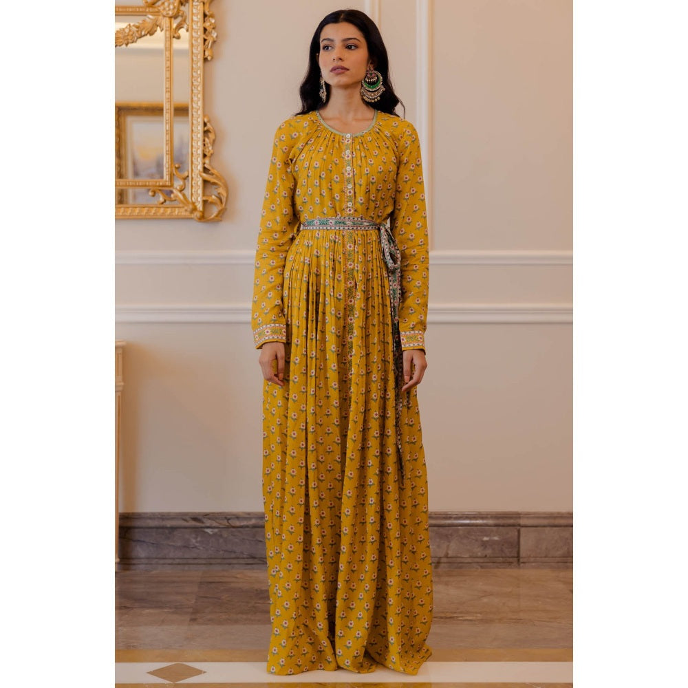 Paulmi & Harsh Mustard Yellow Butti Printed Maxi with Chudi Sleeves (Set of 2)