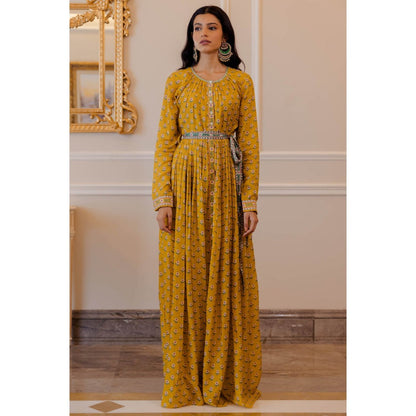 Paulmi & Harsh Mustard Yellow Butti Printed Maxi with Chudi Sleeves (Set of 2)