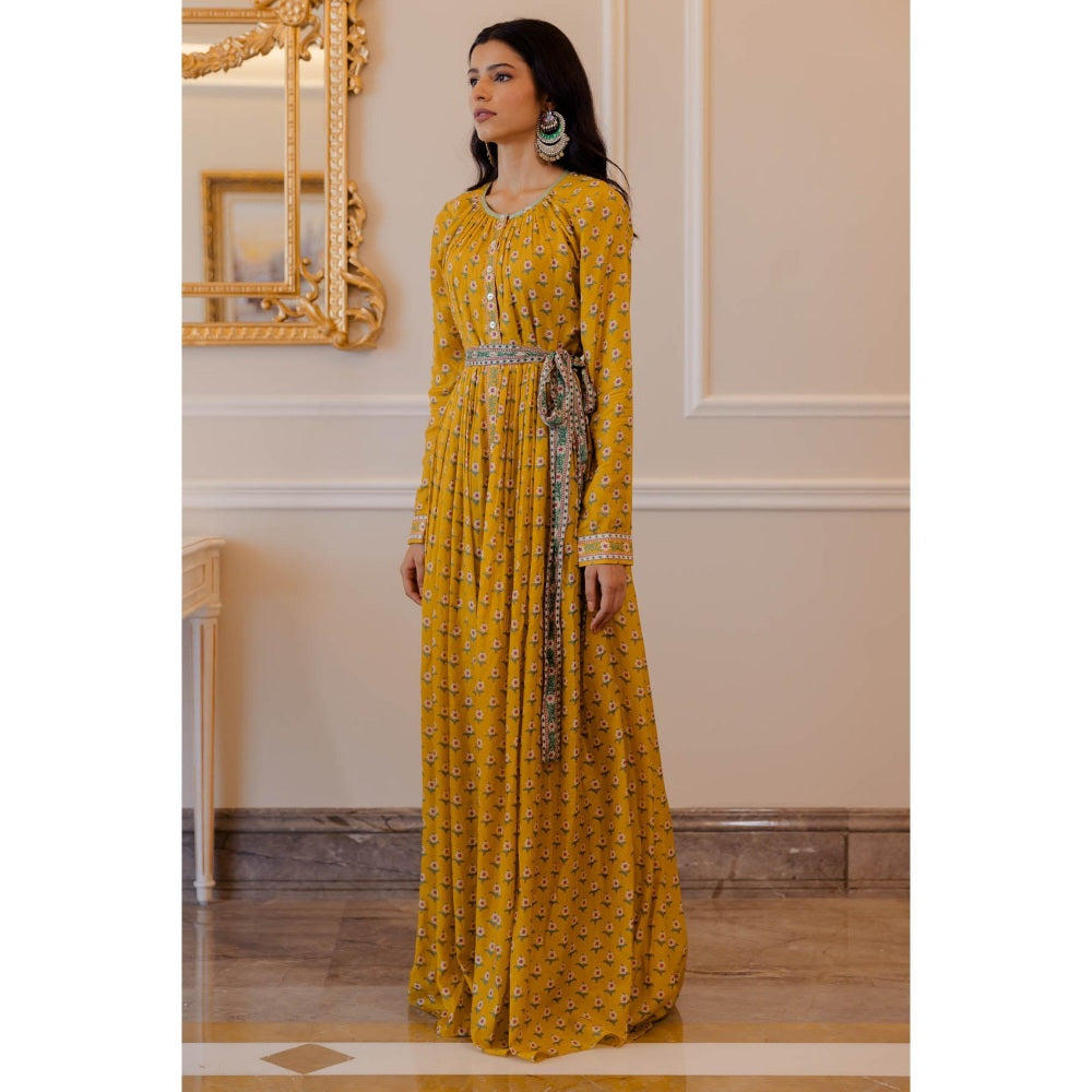 Paulmi & Harsh Mustard Yellow Butti Printed Maxi with Chudi Sleeves (Set of 2)
