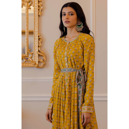 Paulmi & Harsh Mustard Yellow Butti Printed Maxi with Chudi Sleeves (Set of 2)