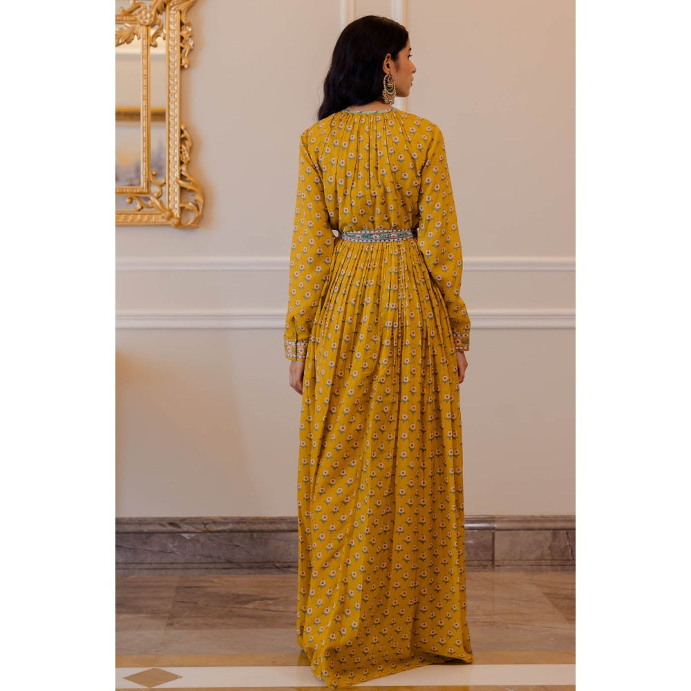 Paulmi & Harsh Mustard Yellow Butti Printed Maxi with Chudi Sleeves (Set of 2)