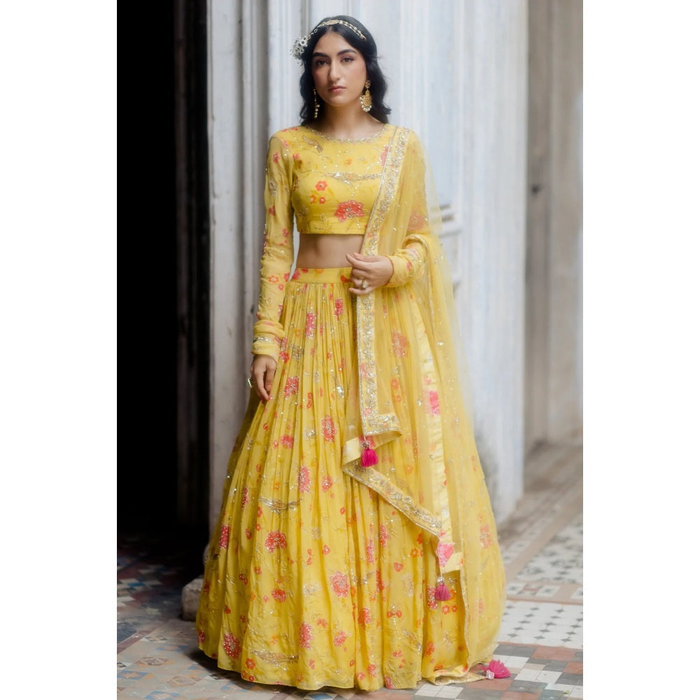 Paulmi & Harsh Sunshine Yellow Chintz Jal Lehenga (Set of 3)