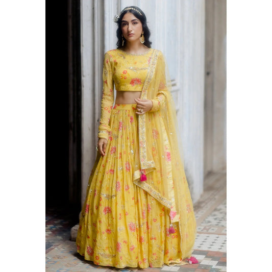 Paulmi & Harsh Sunshine Yellow Chintz Jal Lehenga (Set of 3)
