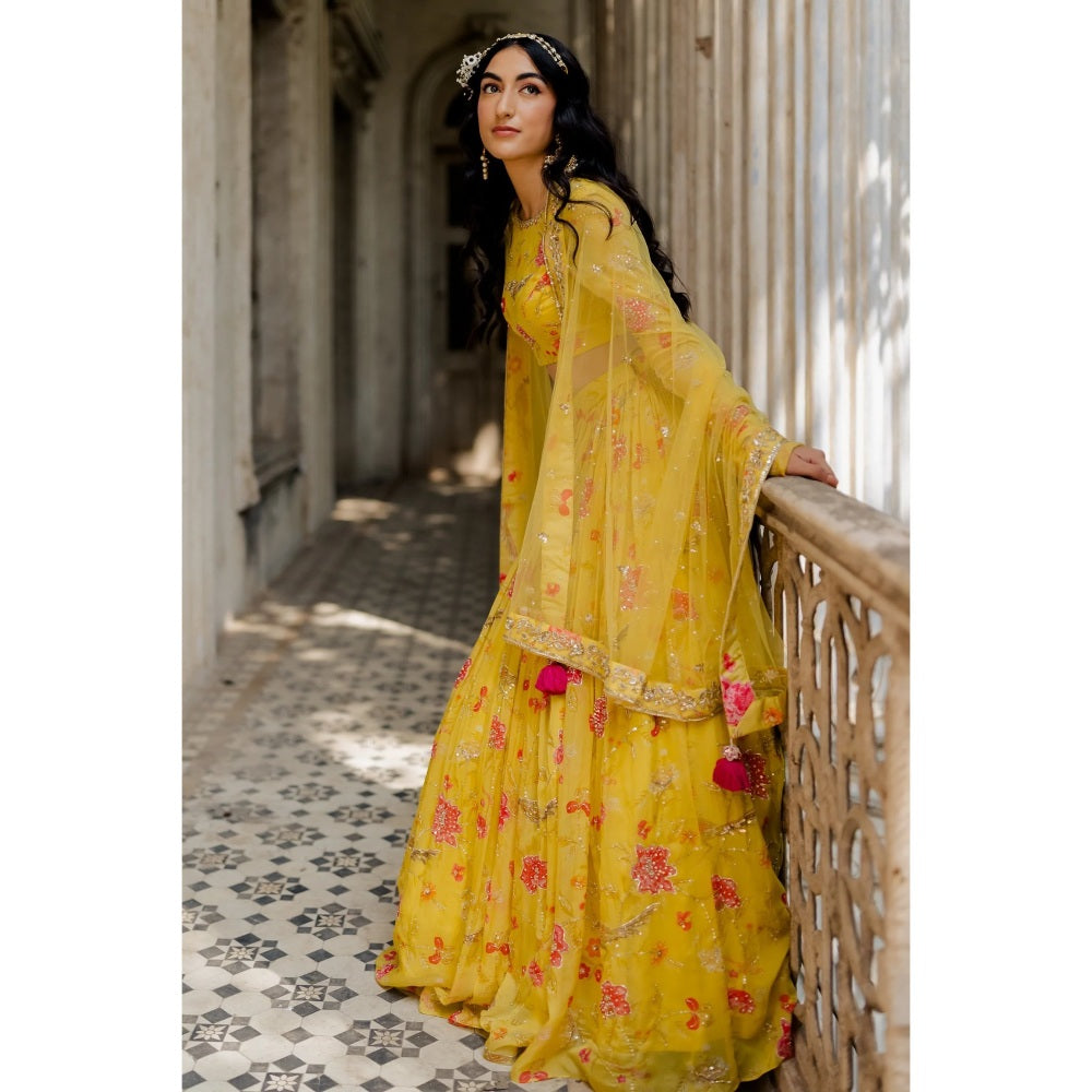 Paulmi & Harsh Sunshine Yellow Chintz Jal Lehenga (Set of 3)