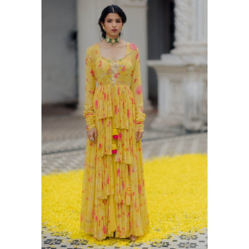 Paulmi & Harsh Sunshine Yellow Floral Layered Jacket (Set of 3)