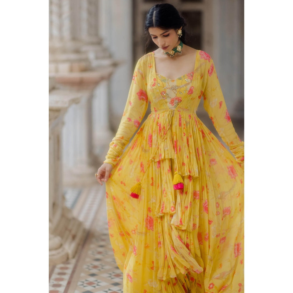 Paulmi & Harsh Sunshine Yellow Floral Layered Jacket (Set of 3)