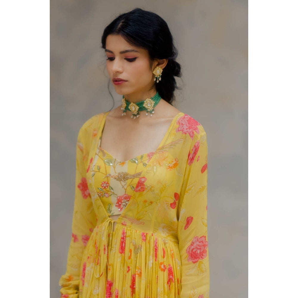Paulmi & Harsh Sunshine Yellow Floral Layered Jacket (Set of 3)