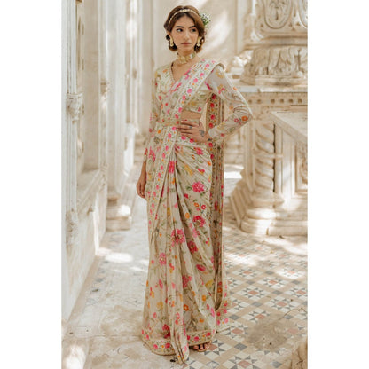 Paulmi & Harsh Ivory Floral Pre-Stitched Saree with Blouse (Set of 3)