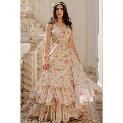 Paulmi & Harsh Ivory Three Layered Pre-Stitched Saree with Blouse (Set of 3)