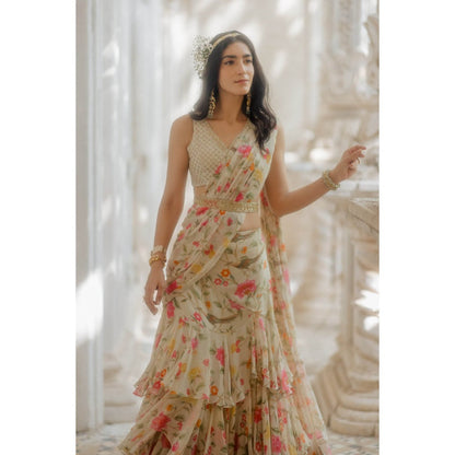 Paulmi & Harsh Ivory Three Layered Pre-Stitched Saree with Blouse (Set of 3)