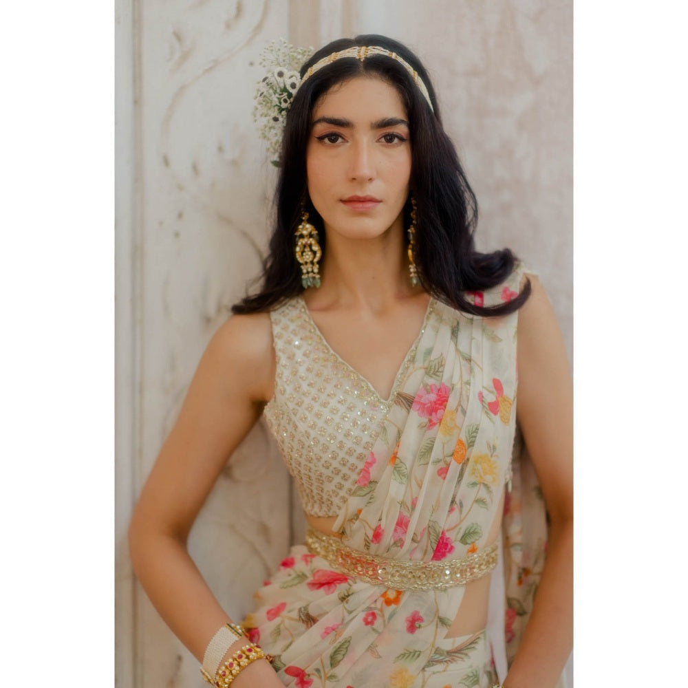 Paulmi & Harsh Ivory Three Layered Pre-Stitched Saree with Blouse (Set of 3)