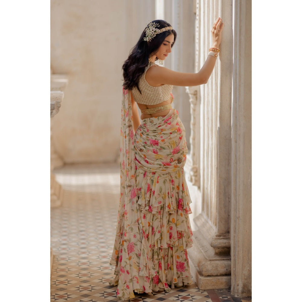 Paulmi & Harsh Ivory Three Layered Pre-Stitched Saree with Blouse (Set of 3)