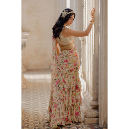 Paulmi & Harsh Ivory Three Layered Pre-Stitched Saree with Blouse (Set of 3)