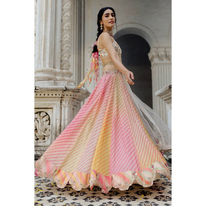 Paulmi & Harsh Pink Ombre Leheriya Lehenga (Set of 4)