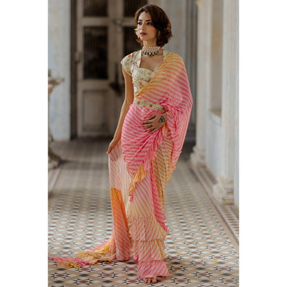 Paulmi & Harsh Pink Ombre Leheriya Pre-Stitched Saree with Blouse (Set of 3)