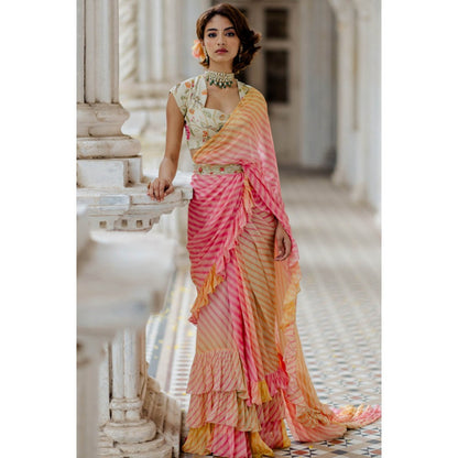 Paulmi & Harsh Pink Ombre Leheriya Pre-Stitched Saree with Blouse (Set of 3)