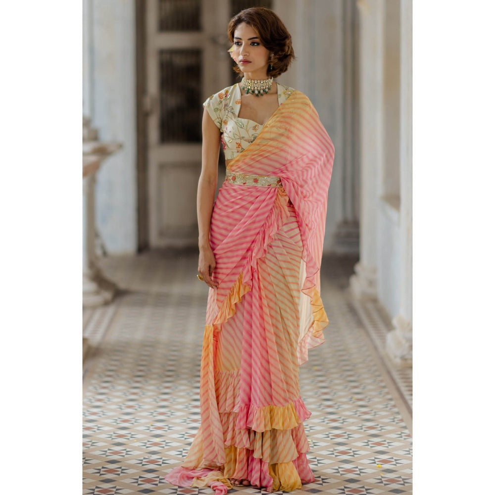Paulmi & Harsh Pink Ombre Leheriya Pre-Stitched Saree with Blouse (Set of 3)