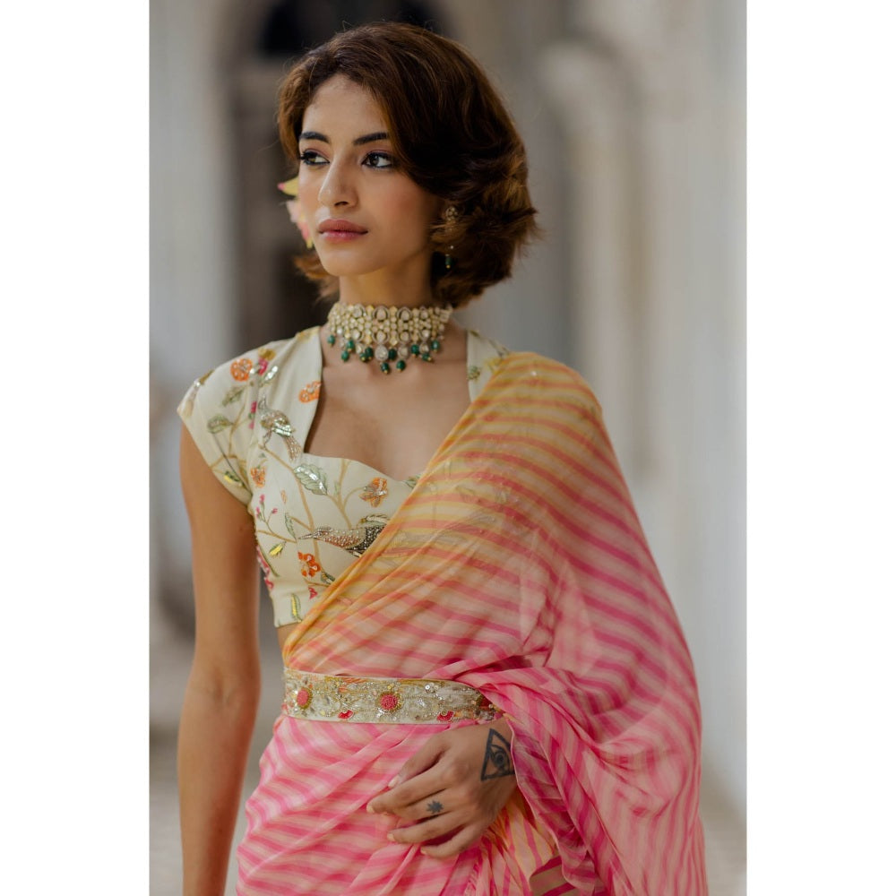 Paulmi & Harsh Pink Ombre Leheriya Pre-Stitched Saree with Blouse (Set of 3)