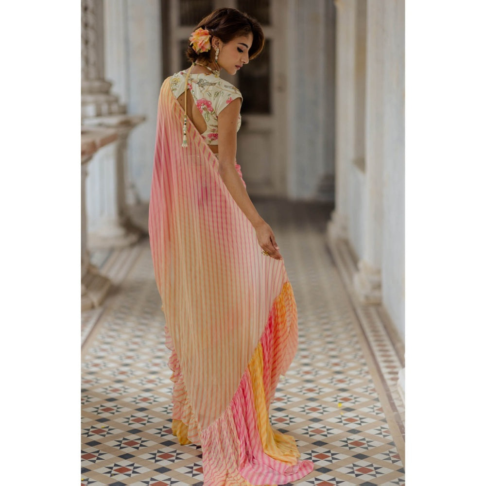 Paulmi & Harsh Pink Ombre Leheriya Pre-Stitched Saree with Blouse (Set of 3)