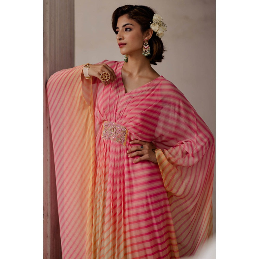 Paulmi & Harsh Pink Ombre Leheriya Kaftan (Set of 2)
