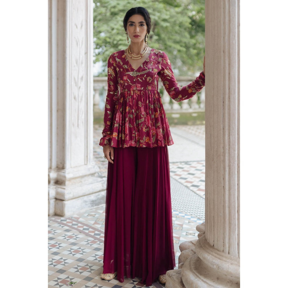 Paulmi & Harsh Jamuni Chintz Jal Printed Peplum Top with Palazzo (Set of 2)