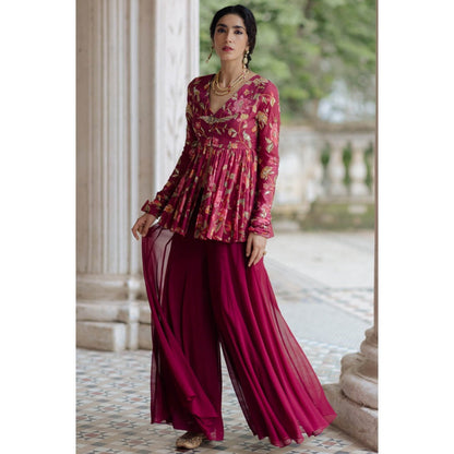 Paulmi & Harsh Jamuni Chintz Jal Printed Peplum Top with Palazzo (Set of 2)