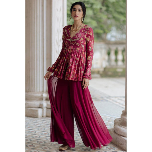 Paulmi & Harsh Jamuni Chintz Jal Printed Peplum Top with Palazzo (Set of 2)