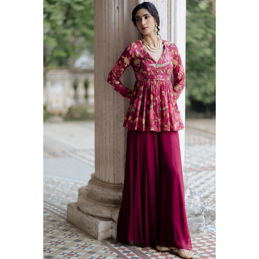 Paulmi & Harsh Jamuni Chintz Jal Printed Peplum Top with Palazzo (Set of 2)