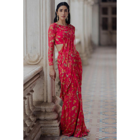 Paulmi & Harsh Peony Pink Floral Pre Stitched Saree with Blouse (Set of 2)