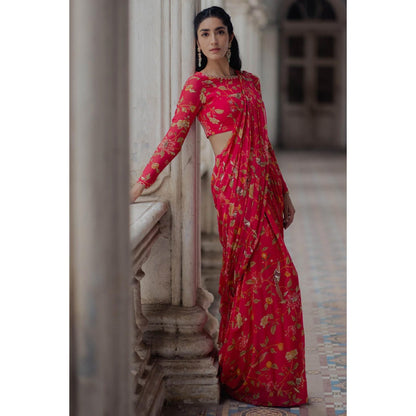 Paulmi & Harsh Peony Pink Floral Pre Stitched Saree with Blouse (Set of 2)