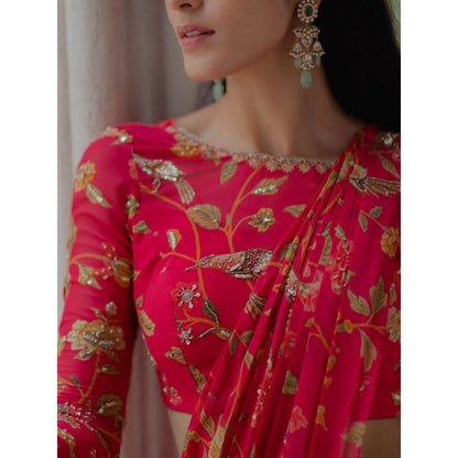 Paulmi & Harsh Peony Pink Floral Pre Stitched Saree with Blouse (Set of 2)