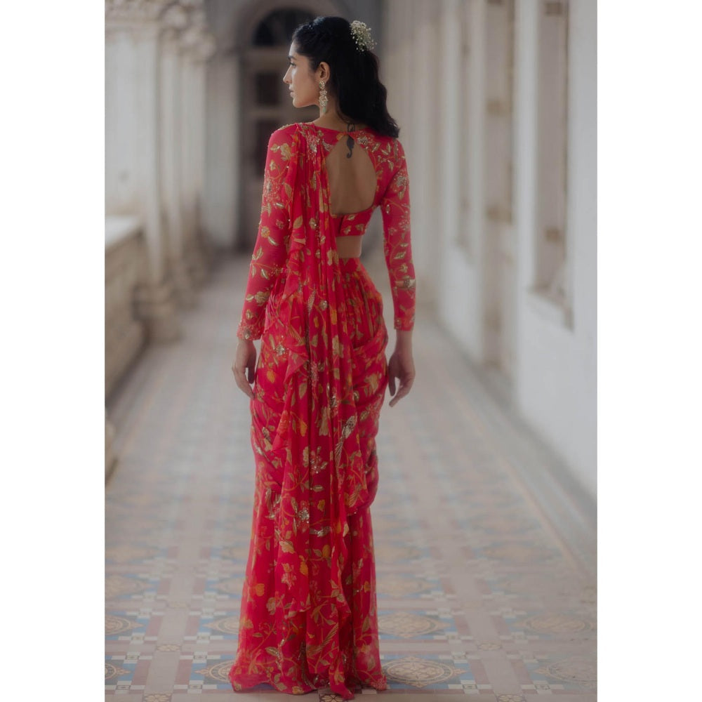 Paulmi & Harsh Peony Pink Floral Pre Stitched Saree with Blouse (Set of 2)