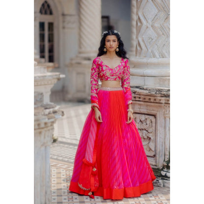 Paulmi & Harsh Red To Rani Ombre Leheriya Lehenga (Set of 3)