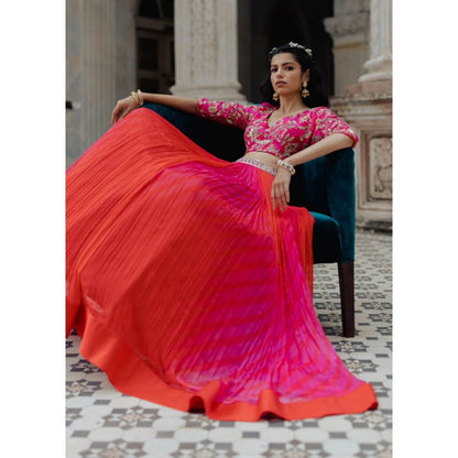 Paulmi & Harsh Red To Rani Ombre Leheriya Lehenga (Set of 3)