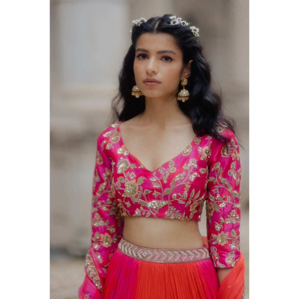 Paulmi & Harsh Red To Rani Ombre Leheriya Lehenga (Set of 3)