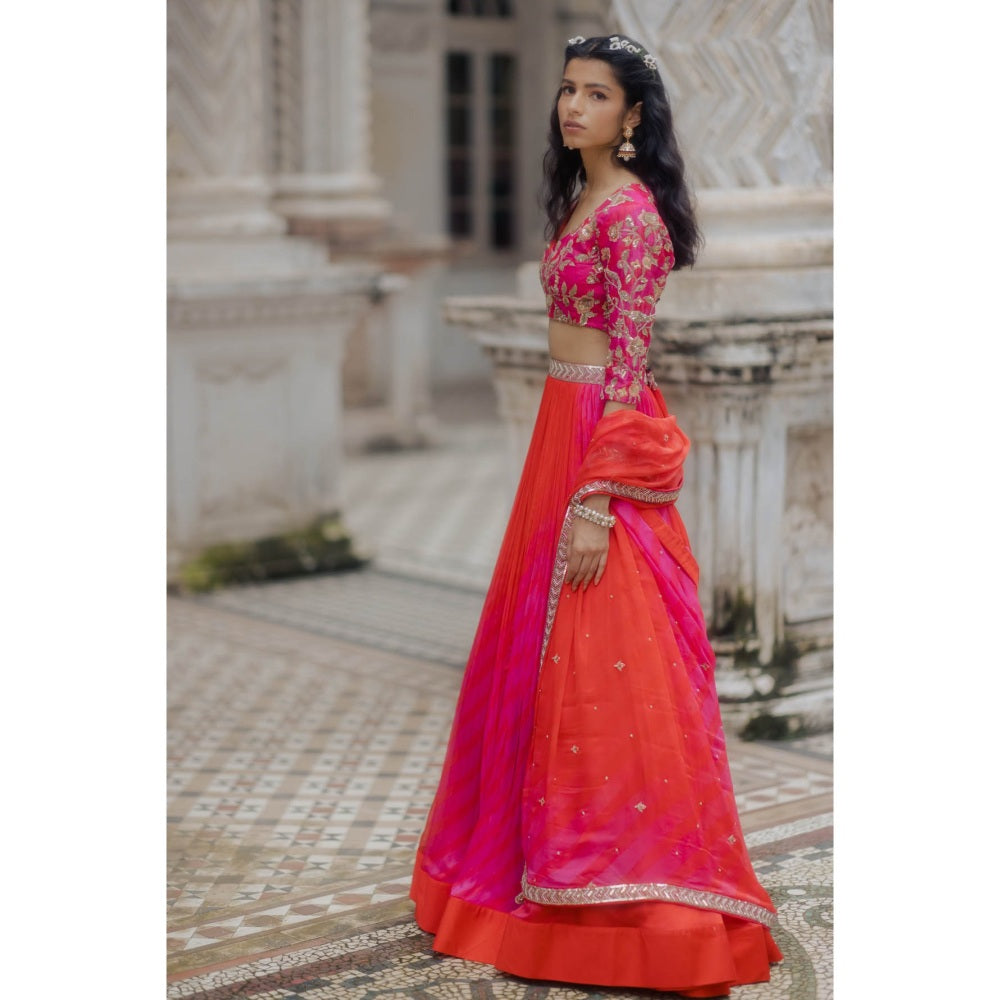 Paulmi & Harsh Red To Rani Ombre Leheriya Lehenga (Set of 3)