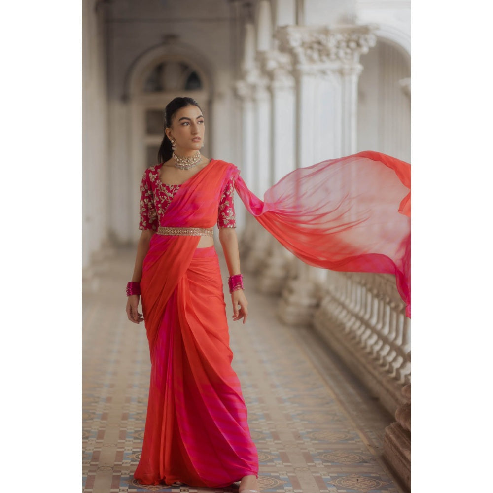 Paulmi & Harsh Red & Rani Ombre Pre-Stitched Saree with Blouse (Set of 3)