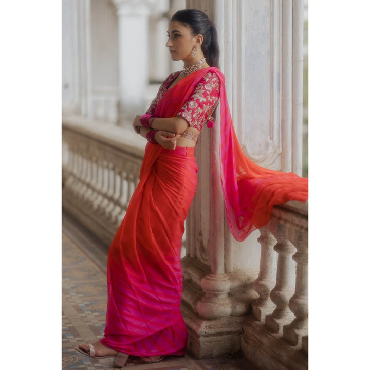 Paulmi & Harsh Red & Rani Ombre Pre-Stitched Saree with Blouse (Set of 3)