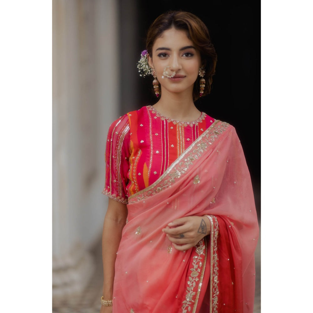 Paulmi & Harsh Rose Pink Ombre Saree with Blouse (Set of 2)